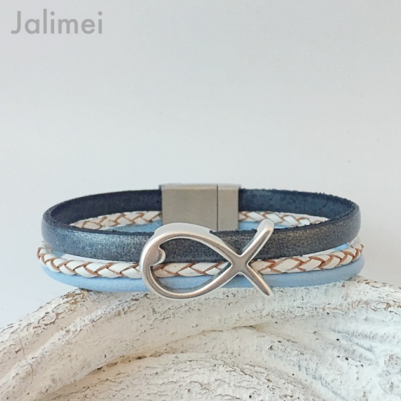 Lederarmband Fisch blau-grau Konfirmation