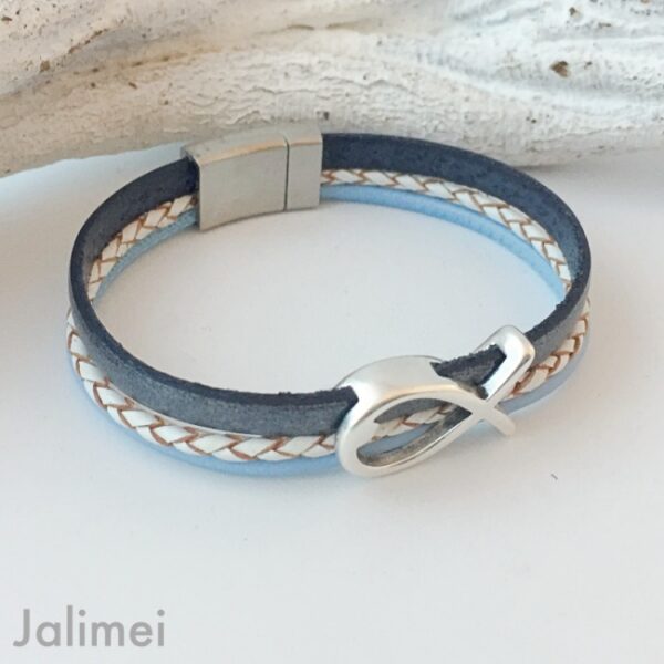 Lederarmband mit Fisch blau-grau Konfirmation