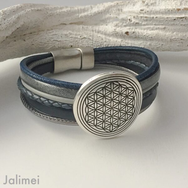 Lederarmband Blume des Lebens in blau-grau