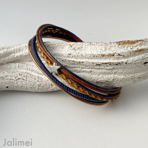 Lederarmband kleinem Stern navy cognac