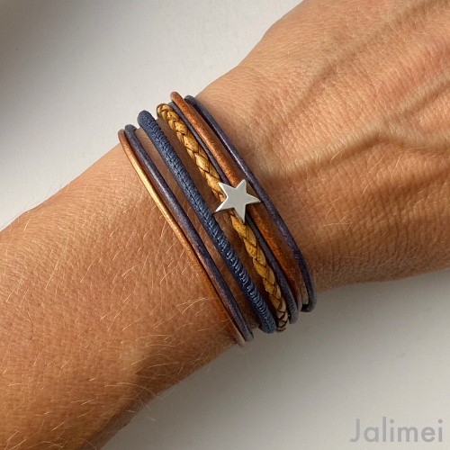 Lederarmband mit kleinem Stern navy cognac