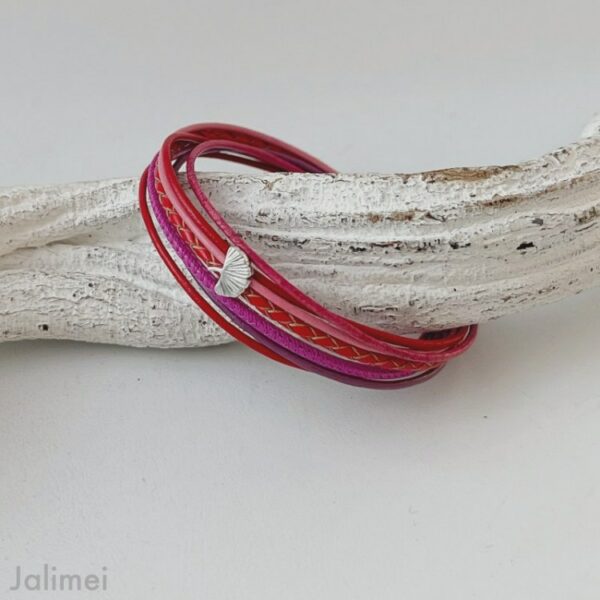 Lederarmband mit Ginkgoblatt pink-rot