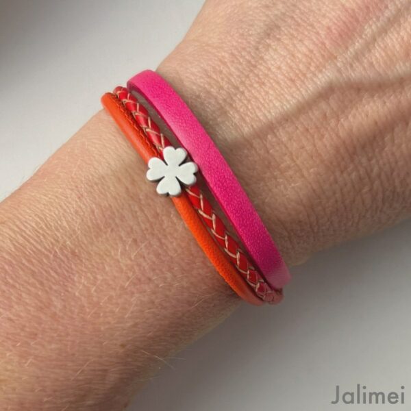 Lederarmband mit Kleeblatt pink-rot-orange