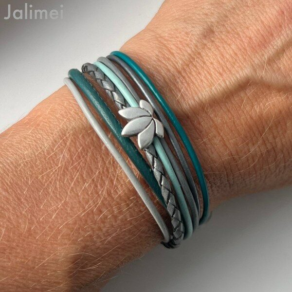 Lederarmband mit Lotusblume Petrol grau
