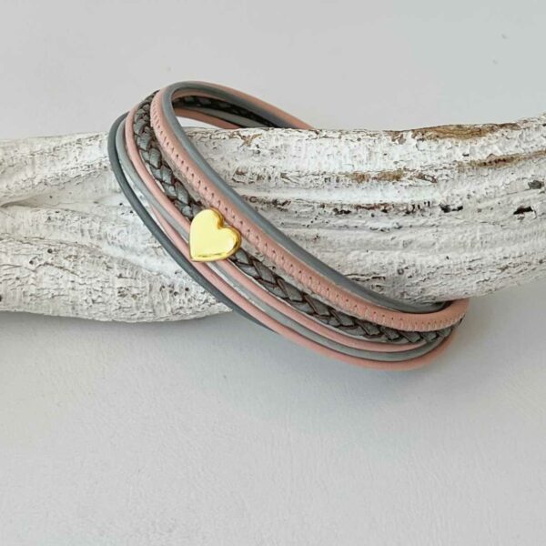 Lederarmband Herzchen Gold rosa grau